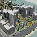 Modern Commercial Street With Contemporary Buildings Green Roofs Plaza And Parking Area