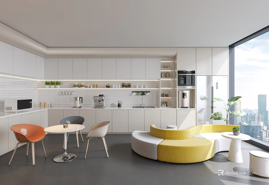 Modern Break Room Interior With Tables Chairs Coffee Machine And Yellow Sofa 3d model
