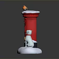Red Postbox With Snowy Top And Bird Next To White Dog Wearing Collar