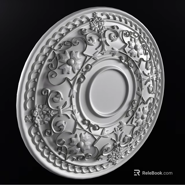Artistic Detailed Carved White Plate With Intricate Floral And Curved Vine Patterns 3d model 