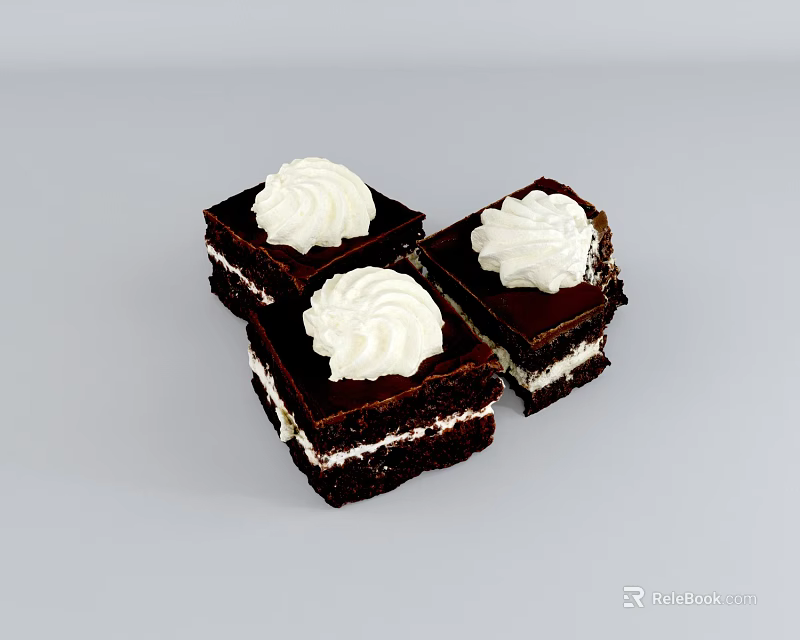Three Moist Chocolate Cake Pieces With Whipped Cream Topping And Rich Layers 3d model 