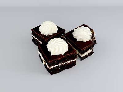 Three Moist Chocolate Cake Pieces With Whipped Cream Topping And Rich Layers 3d model