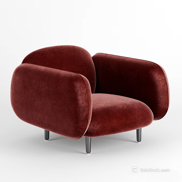 Burgundy Velvet Leisure Chair With Rounded Arms And Metal Legs Modern Design 3d model 