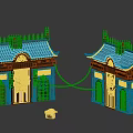 Cartoon Scenery With Chinese Style Buildings Tile Roofs Carved Decorations Lit Windows And Chain Link