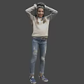 Game Character Girl Scratching Hair Wearing White Sweater Blue Ripped Jeans And Blue Shoes