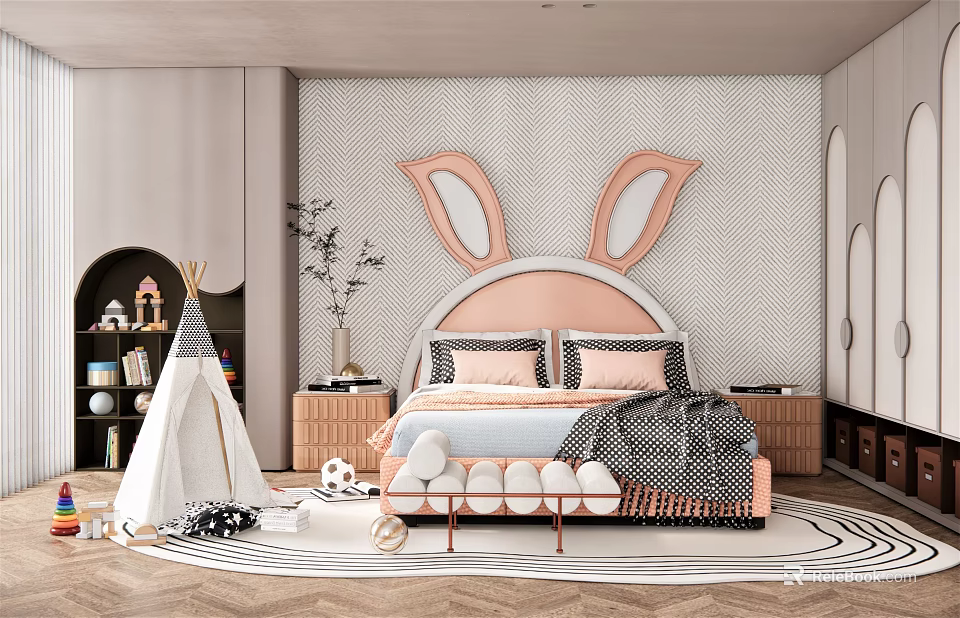 Modern Kids Bedroom With Pink Bunny Ear Headboard Teepee Tent And Area Rug 3d model 