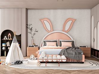 Modern Children's Room Bedroom Double Bed Children's Tent Bed End Stool Carpet Quilt Pillow Bookcase Bedside Table 3d model