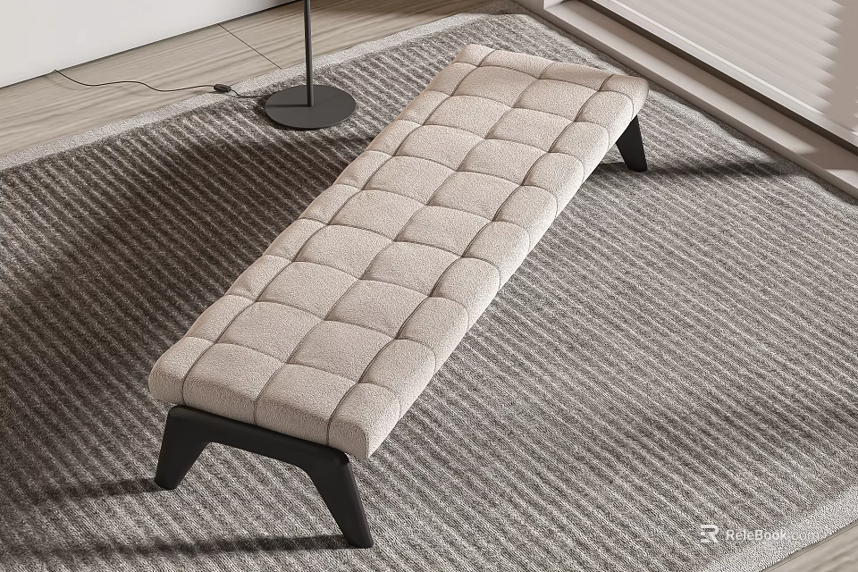 Modern Light Gray Tufted Sofa Bench With Black Legs On Soft Rug 3d model 