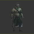 Detailed Fantasy Armored Warrior Character With Green Armor Helmet Standing Pose