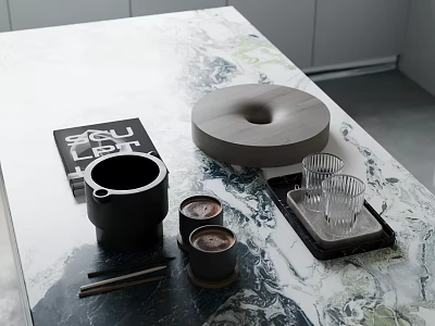 Stylish Decorative Ornaments Set With Black Mug Wooden Tray And Glass Cups On Marble Countertop 3d model