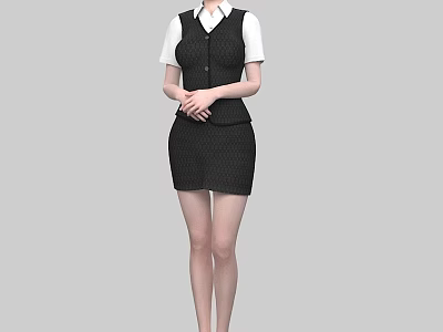 Woman In Professional Attire With White Shirt Black Vest And Short Skirt 3d model