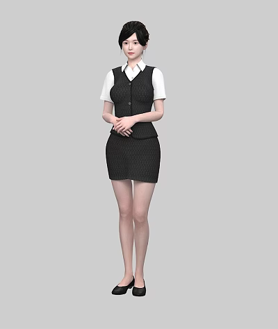 Woman In Professional Attire With White Shirt Black Vest And Short Skirt 3d model