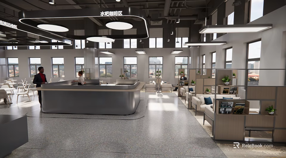 Modern Water Bar Lounge Area Interior Design With Counter Sofas Plants And Lighting 3d model 