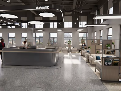 Modern Water Bar Lounge Area Interior Design With Counter Sofas Plants And Lighting 3d model