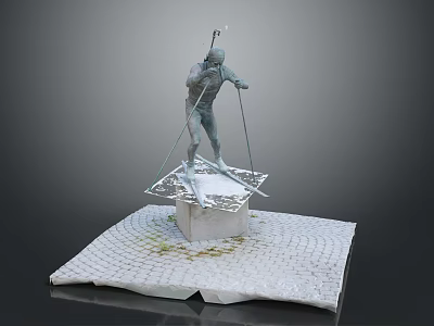 Skier Statue Standing On Square Base With Brick Pavement And Snow Details 3d model