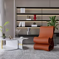 Modern Living Room Coffee Table By Large Window With Orange Chair Green Plant And Bookshelf