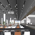 Spacious Cafeteria Interior With Long Dining Tables Ceiling Light Strips And Food Serving Counters 3d model