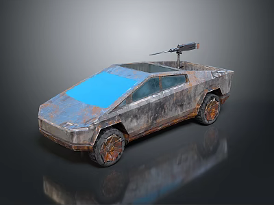 Rusty Futuristic Armored Car With Blue Roof And Roof Mounted Weapon 3d model