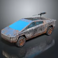 Rusty Futuristic Armored Car With Blue Roof And Roof Mounted Weapon