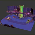 Futuristic Sci Fi Scene Design With Purple Blue Tones Green Column And Platforms