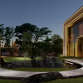 Serene Courtyard Garden With Lush Trees Green Grass Stone Paths And Warm Lighting