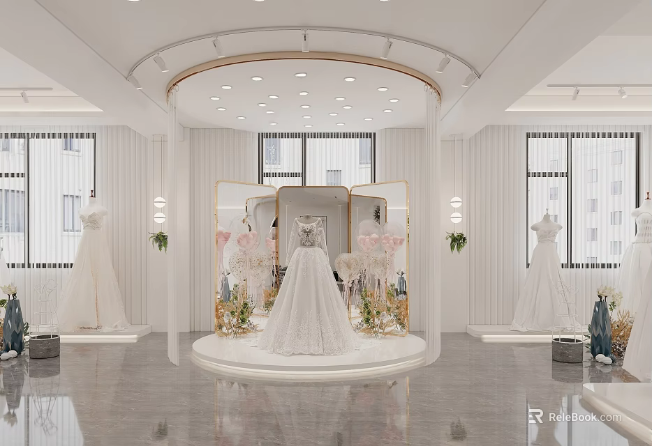Elegant Bridal Shop Displaying Wedding Dresses On Central Stand With Floral Decor And Bright Lights 3d model 