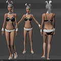 Woman In Black And White Bunny Costume Bikini With Rabbit Ears Front Side Back Views