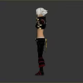 Woman With White Hair In Black Outfit Red Decorations Arms Outstretched Red Tattoo Abdomen