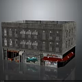Urban Three Story Building With Gray Facade White Red Awnings Green Graffiti