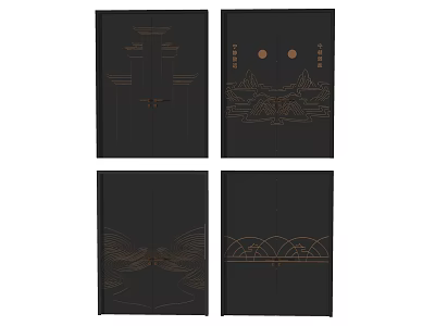 Black Double Doors With Intricate Golden Landscape Butterfly Wave Patterns 3d model