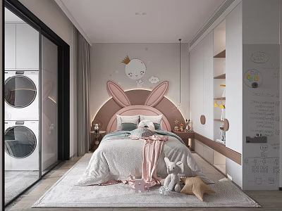 Cozy Modern Kids Bedroom With Bunny Headboard And Cartoon Decor 3d model