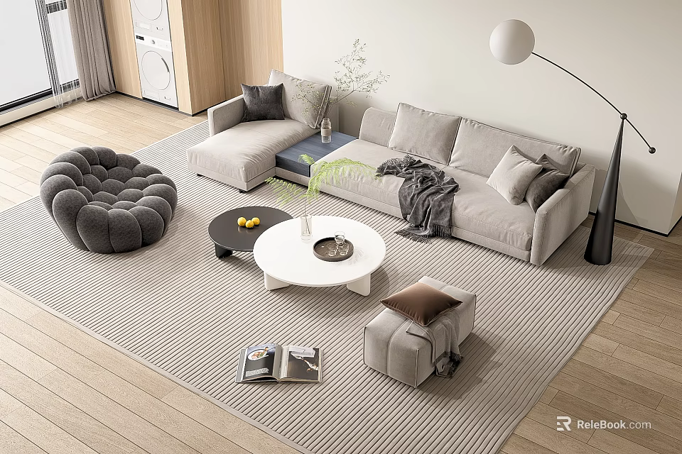 Modern Sofa And Coffee Table Set With Plush Ottoman Throw Pillows Blanket And Green Plant 3d model 