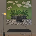 Botanical Painting with White Orchids in Black Pot on Leopard Print Base and Green Background