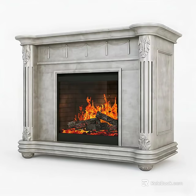 Ornate Stone Fireplace With Classic Carvings And Burning Flames Inside 3d model 
