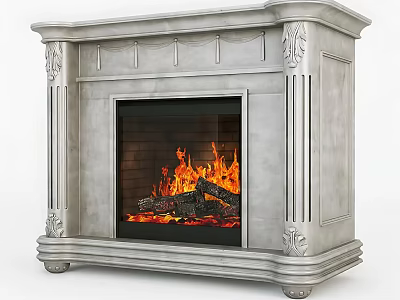 Ornate Stone Fireplace With Classic Carvings And Burning Flames Inside 3d model