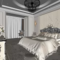 Luxurious Classic Bedroom Interior With Upholstered Bed Geometric Panel Wall Chandelier And Nightstands