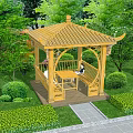 Wooden Pavilion in Garden with Green Plants Bushes Trees Table Chairs and Stone Path