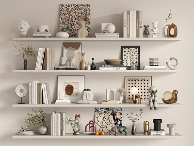Decorative Ornament Set on White Floating Shelves with Books Vases Photo Frames and Plants 3d model