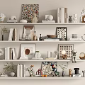 Decorative Ornament Set on White Floating Shelves with Books Vases Photo Frames and Plants