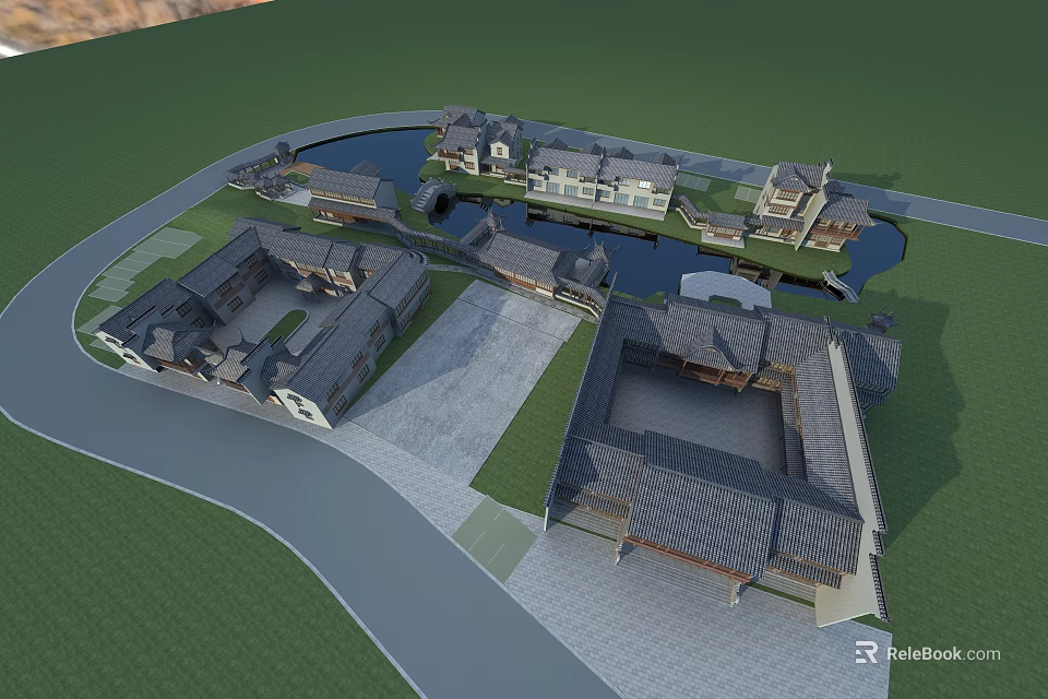 Ancient Traditional Architecture Complex With Water Pond Stone Path And Green Lawn 3d model