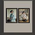 Two Framed Women Portrait Paintings In Striped Dresses On Wall Interior