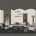 Modern Living Room Interior With Arched Stone Walls Fireplace And Pendant Lights