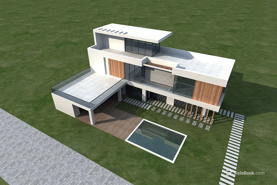 Modern Detached Villa With White Exterior Large Glass Windows Swimming Pool And Green Lawn 3d model 