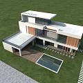 Modern Detached Villa With White Exterior Large Glass Windows Swimming Pool And Green Lawn