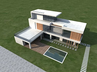 Modern Detached Villa With White Exterior Large Glass Windows Swimming Pool And Green Lawn 3d model