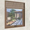 Wooden Frame Window View Of Garden Courtyard With Chairs And Plants