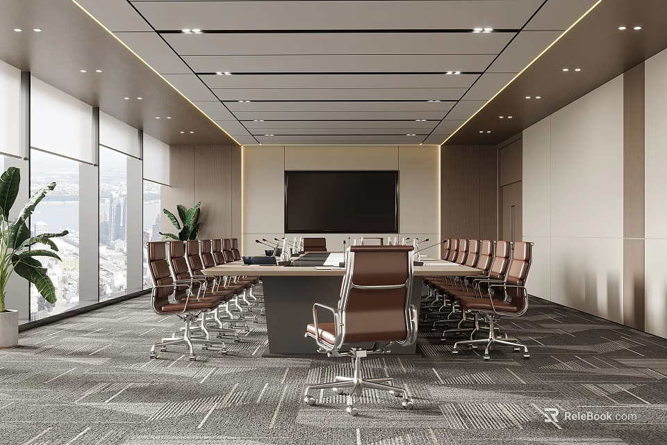 Modern Conference Room With Long Table Brown Chairs Large Screen And City View 3d model 