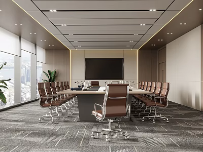 Modern Conference Room With Long Table Brown Chairs Large Screen And City View 3d model