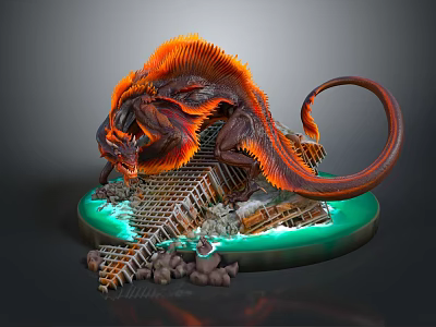 Red Orange Mythical Creature With Fins Long Tail On Green Glowing Base And Bridge Structure 3d model