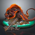 Red Orange Mythical Creature With Fins Long Tail On Green Glowing Base And Bridge Structure
